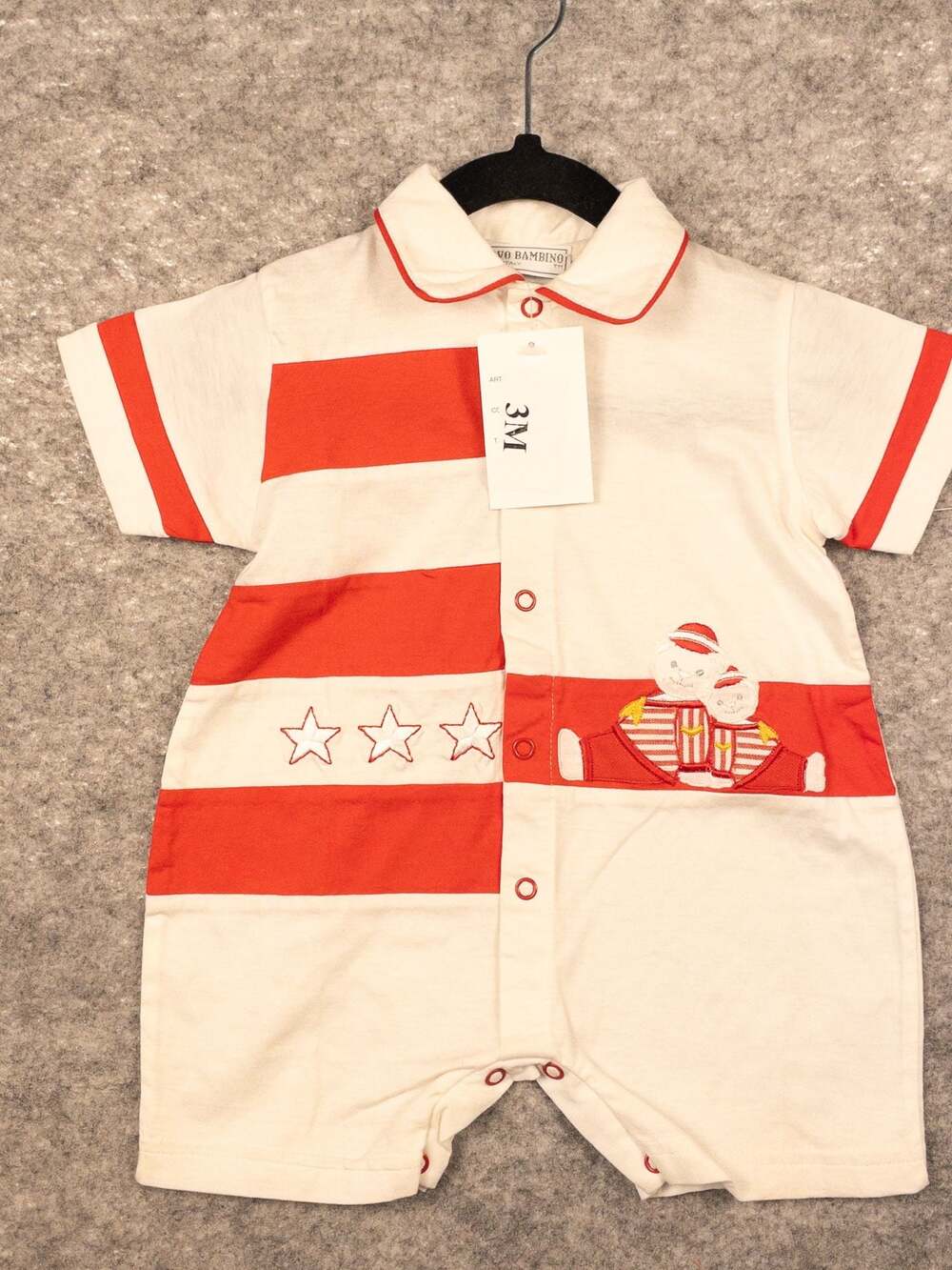 Vintage Bravo Bambino Baby Boys Embroidered  Red and White Striped Romper Size3M